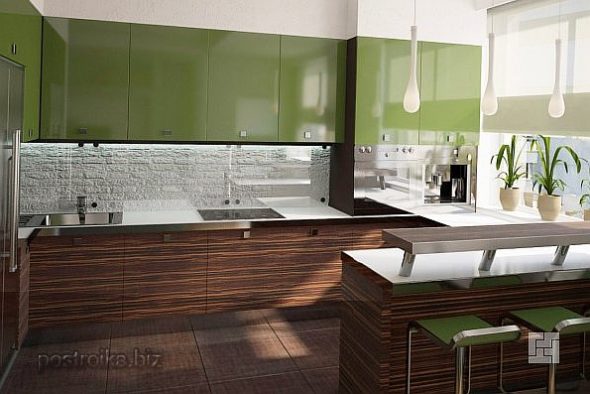 Кухня с фасадами зелёного и коричневого цвета